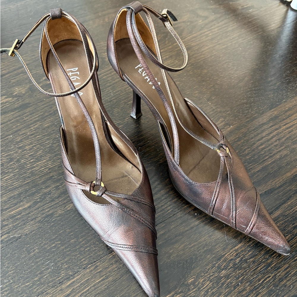 Pegabo Brown Leather Pointed Toe Ankle Strap Heels